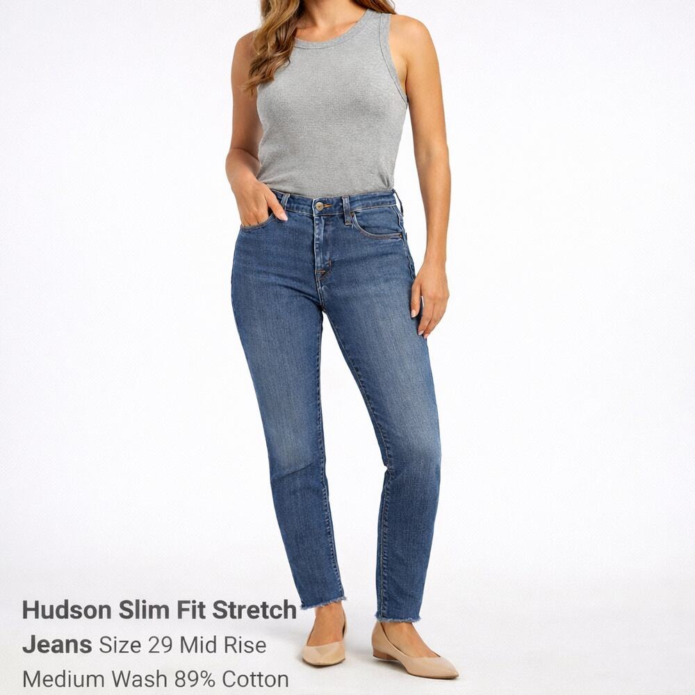 Hudson Jeans Women’s Size 29 Mid Rise Skinny Raw Hem Blue Stretch Denim